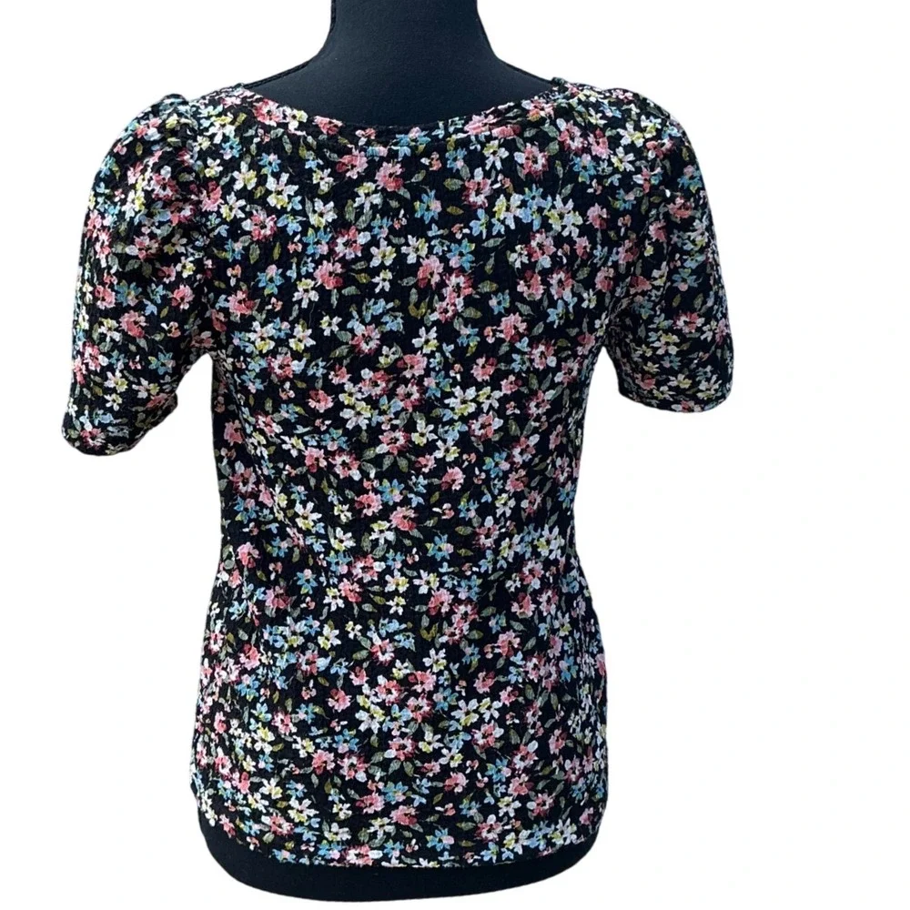 LOFT Petites Black Floral Textured Knit Puff Sleeve Top XXSP Multi Color Stretch